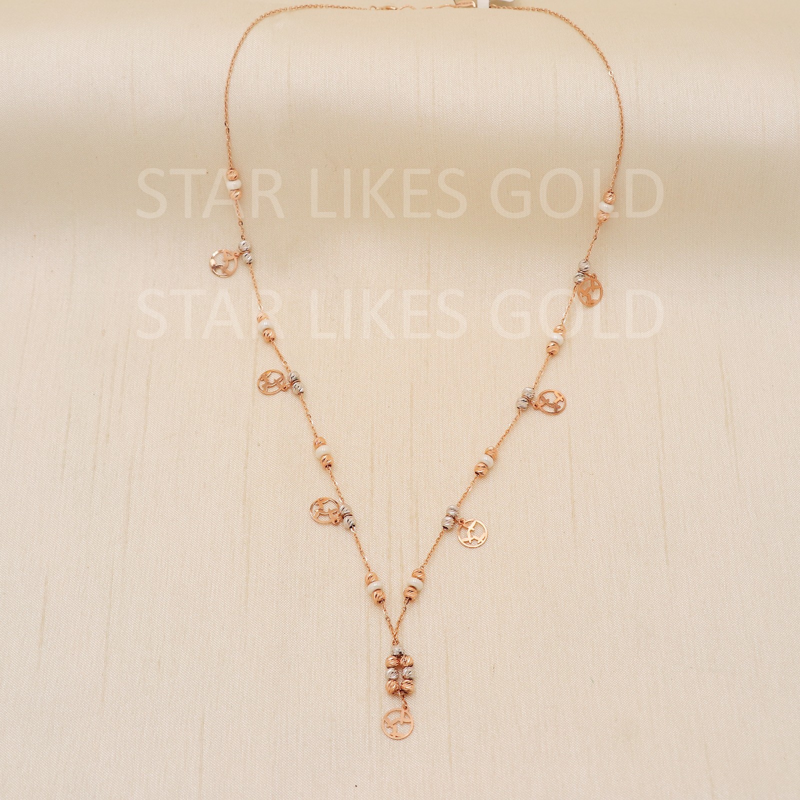 18K Rose Gold Tri Tone Station Necklace 17″ 5.68g 3mm Bead Geometric Disc Chain