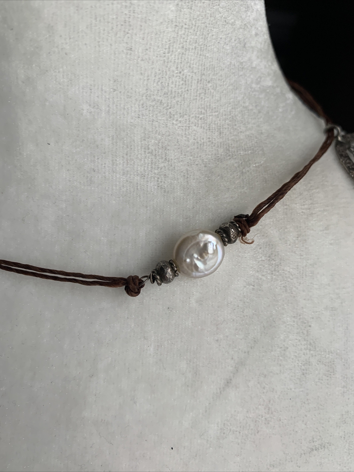 925 Silver Circle Pendant Pearls Leather Cord Necklace 16” Toggle Marked 925 CFJ