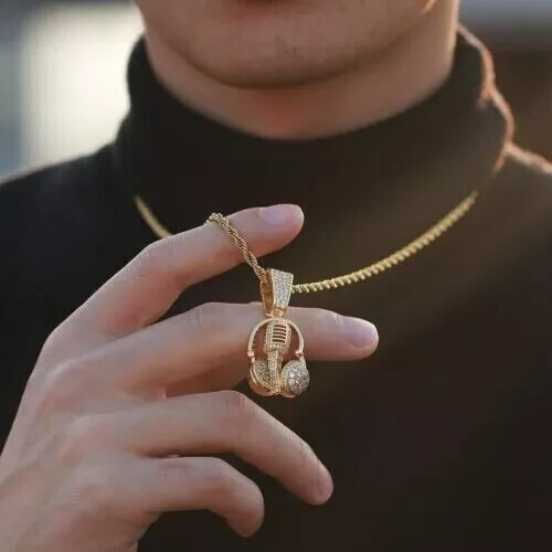 1.00Ct Lab Created Diamond Round Microphone Headset Pendant 14K Yellow Gold Over
