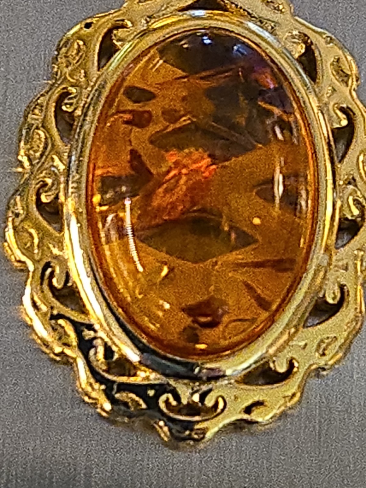 Baltic Amber Stone Pendant Open Scrollwork Vermeil ( Stamp 925) Signed 3.4 Grams