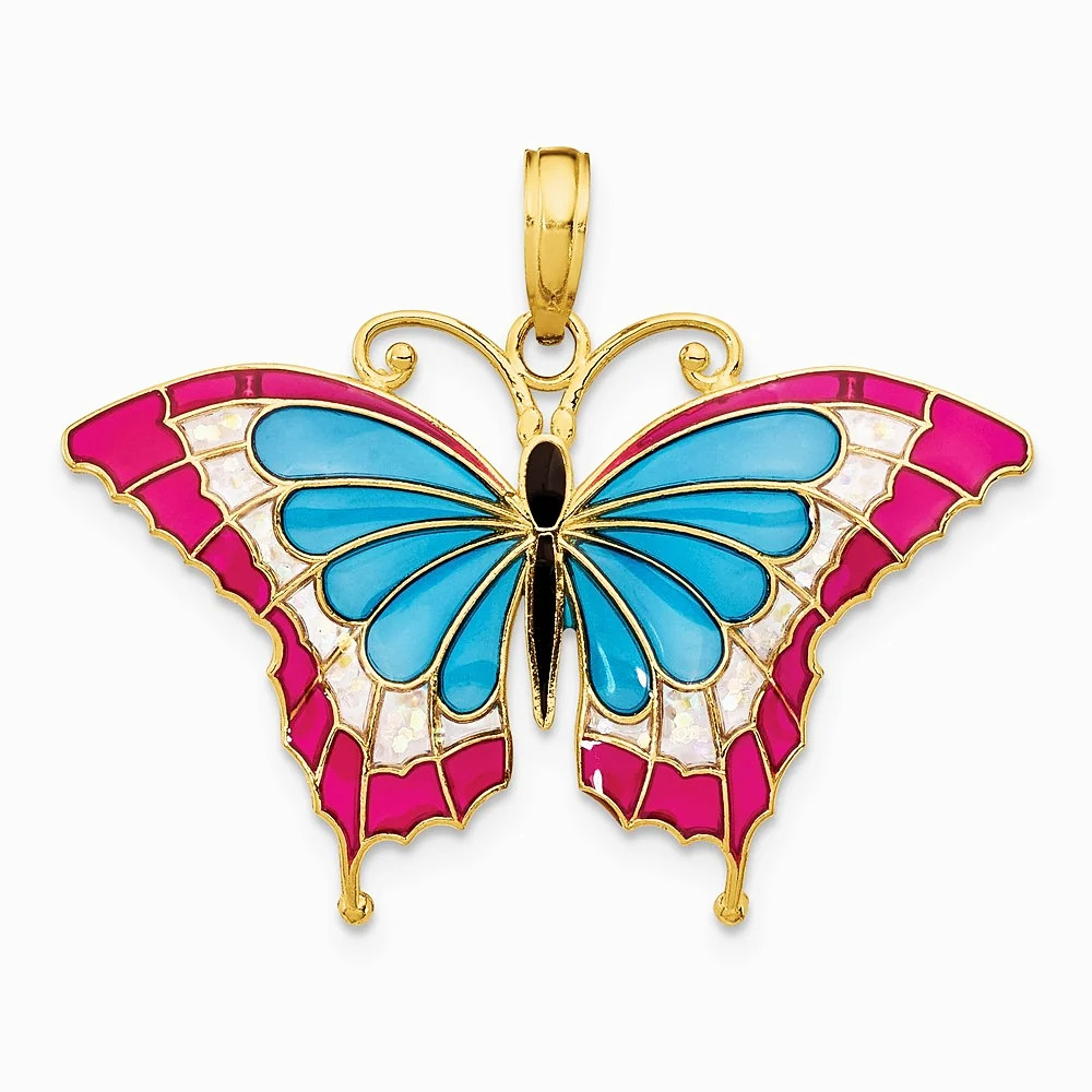 10K / 14K Yellow Gold Blue & Red Enameled Butterfly Pendant