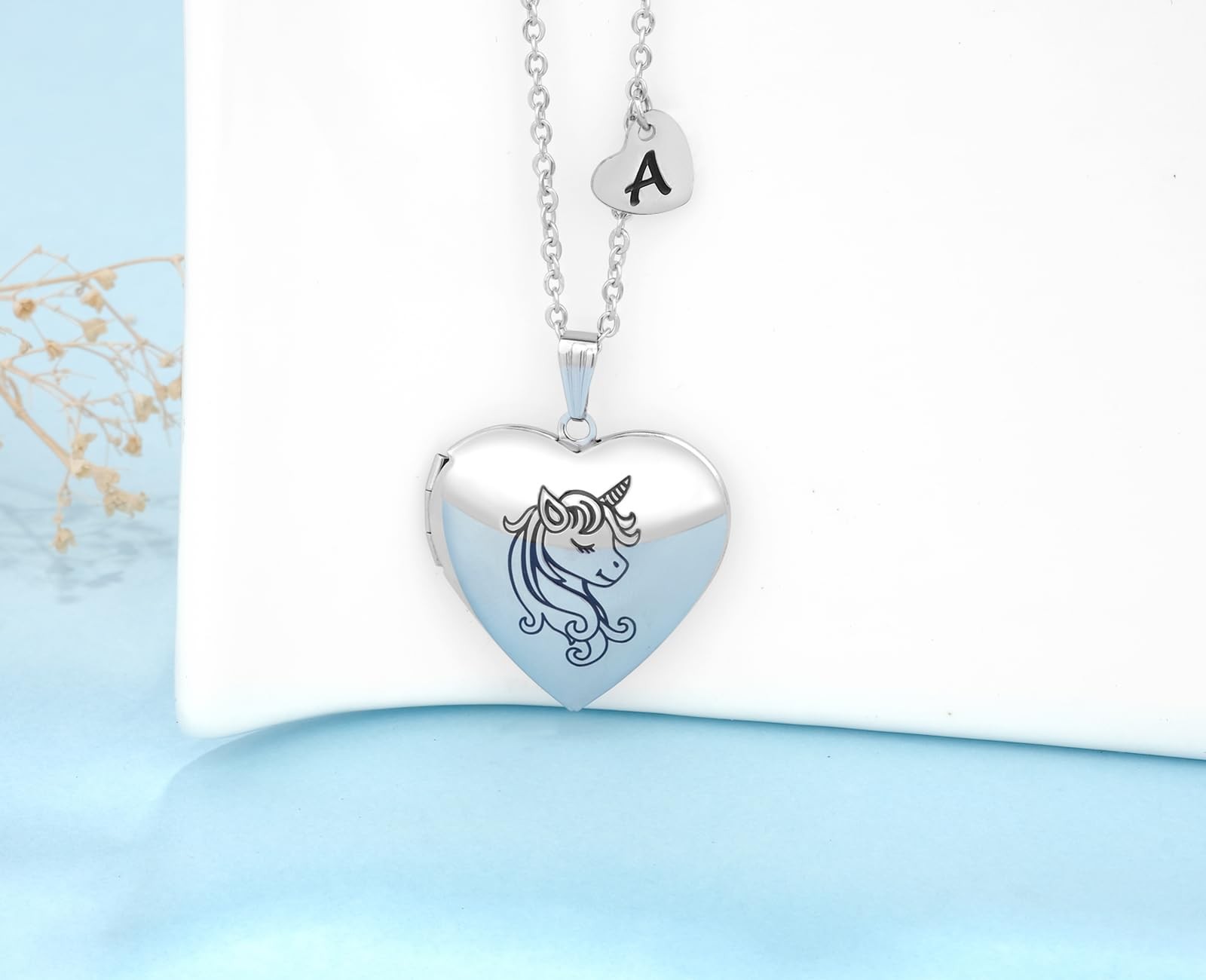 Unicorns Gifts for Her Love Heart Initial Letter Locket Necklace that Holds Pict