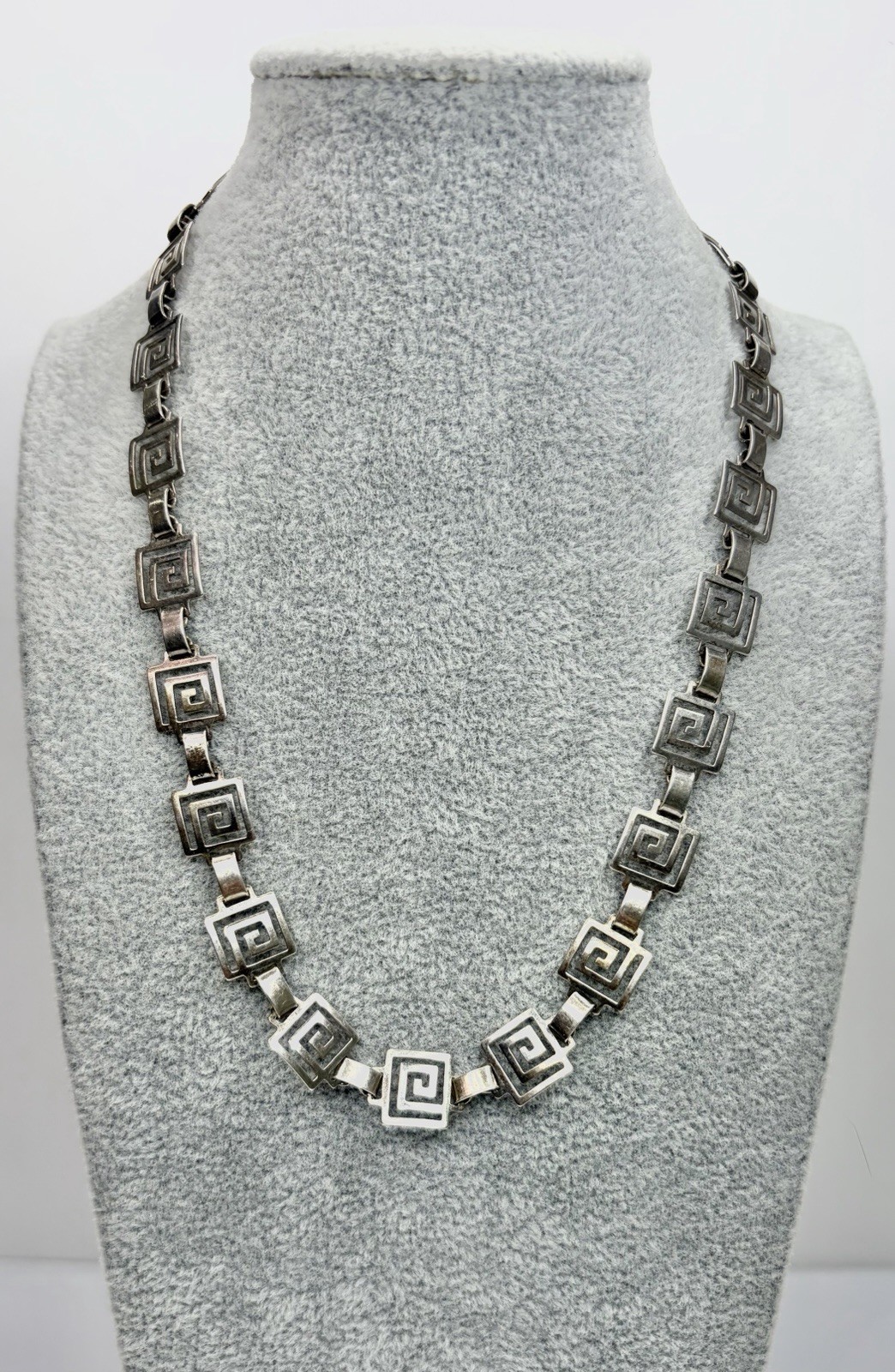 Mexico Sterling Silver Geometric Greek Key Link Chain Necklace 16″