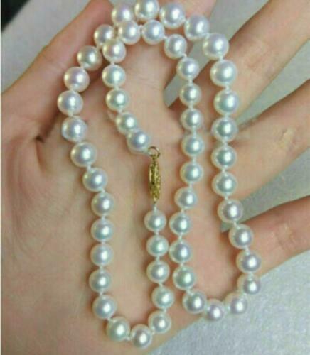 GENUINE AAA 8-7MM Cultured Akoya WHITE PEARL NECKLACE 14K gold clasp 18″16″