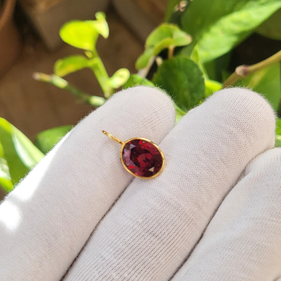 Oval Cut Garnet Charm Nacklace 14K Solid Gold Charm January Birthstone Pendant