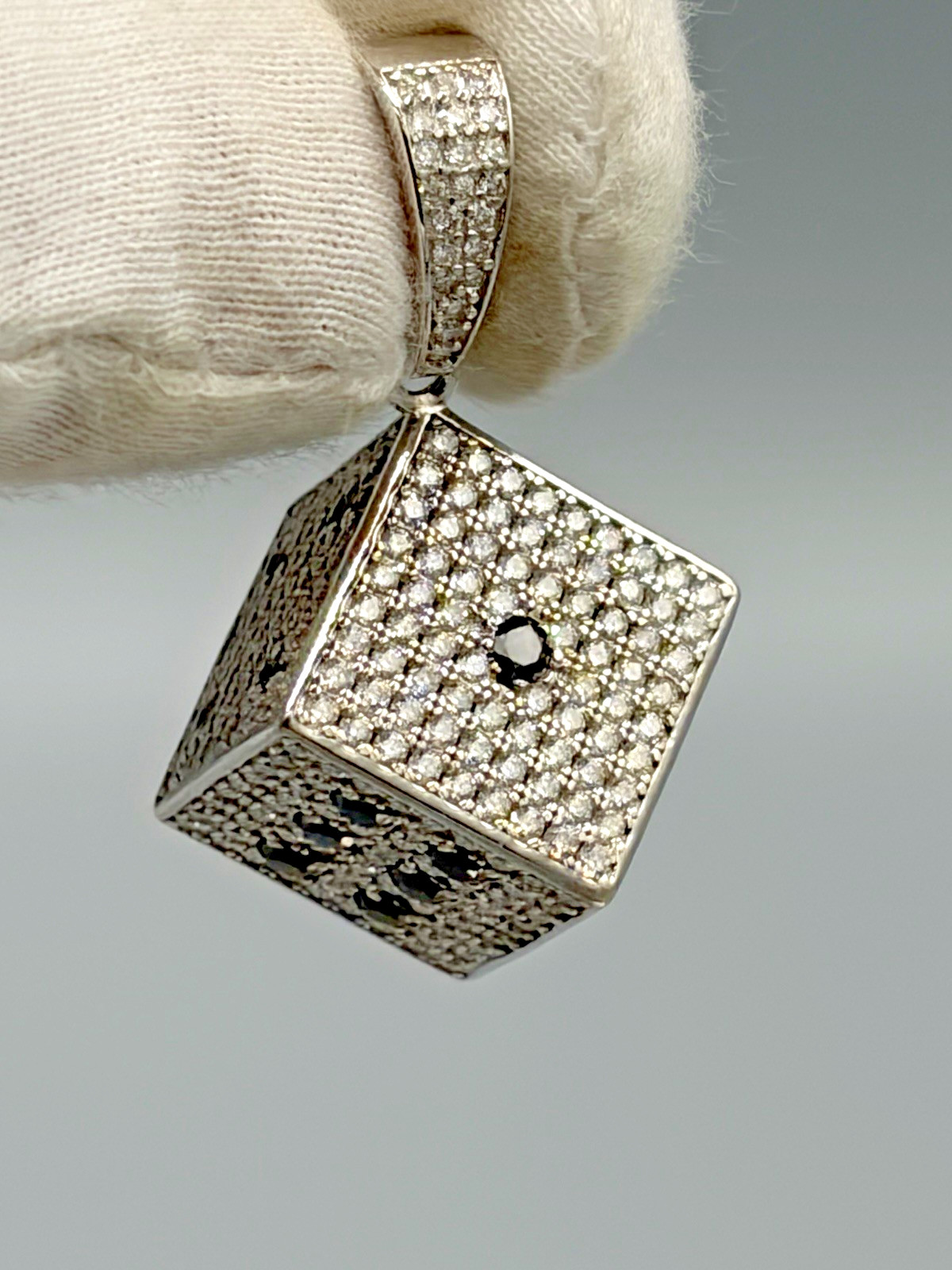 Solid 925 Sterling Silver 3D Dice Pendant with Moissanite Iced – 34.72 grams –