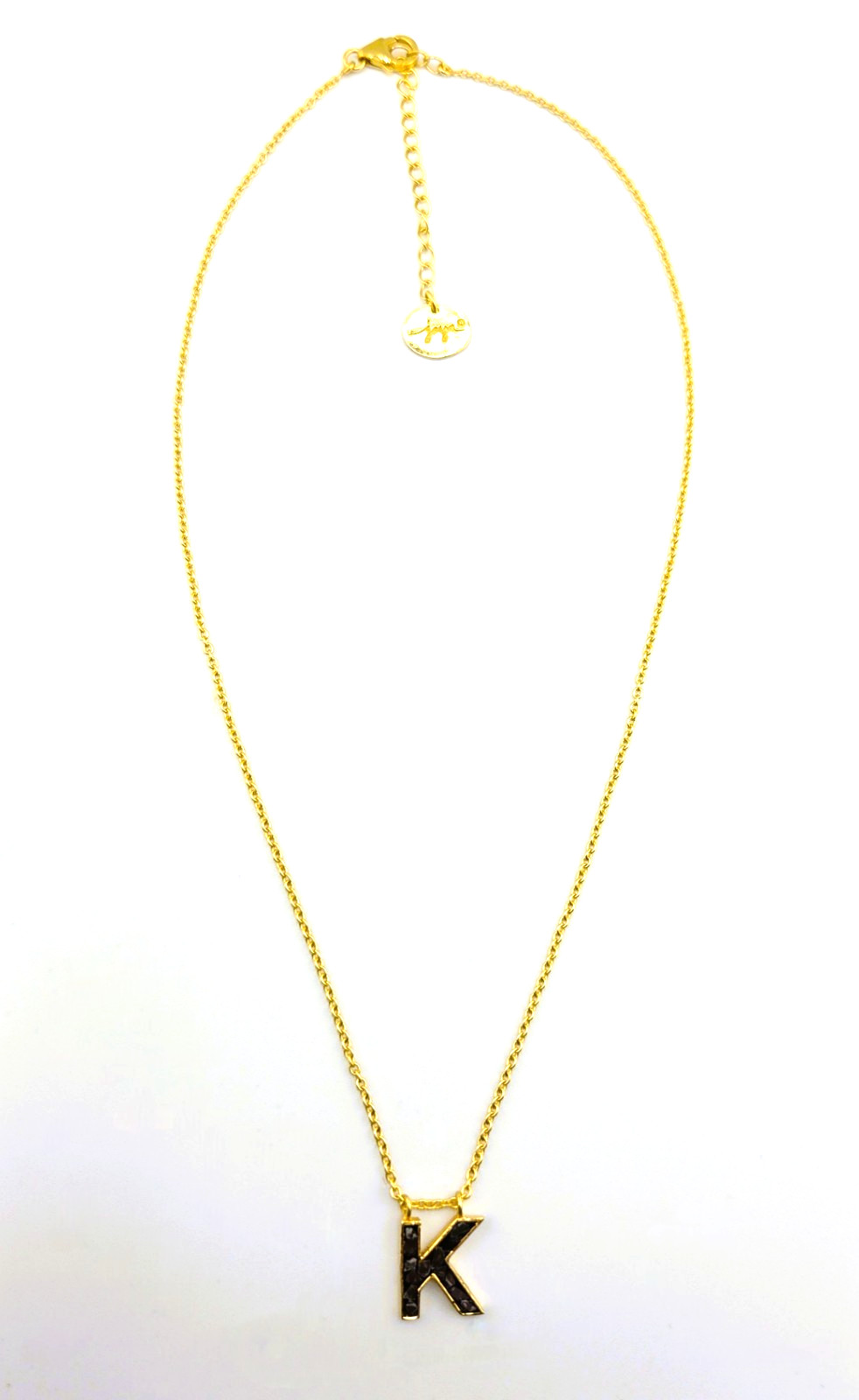 Joya “K” Initial Necklace Crushed Black Diamond 18″ Sterling Gold tone 1230