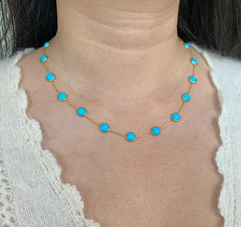 18K Yellow Gold Plated Station Necklace With 7.8mm Sleeping Beauty Turquoise 18″