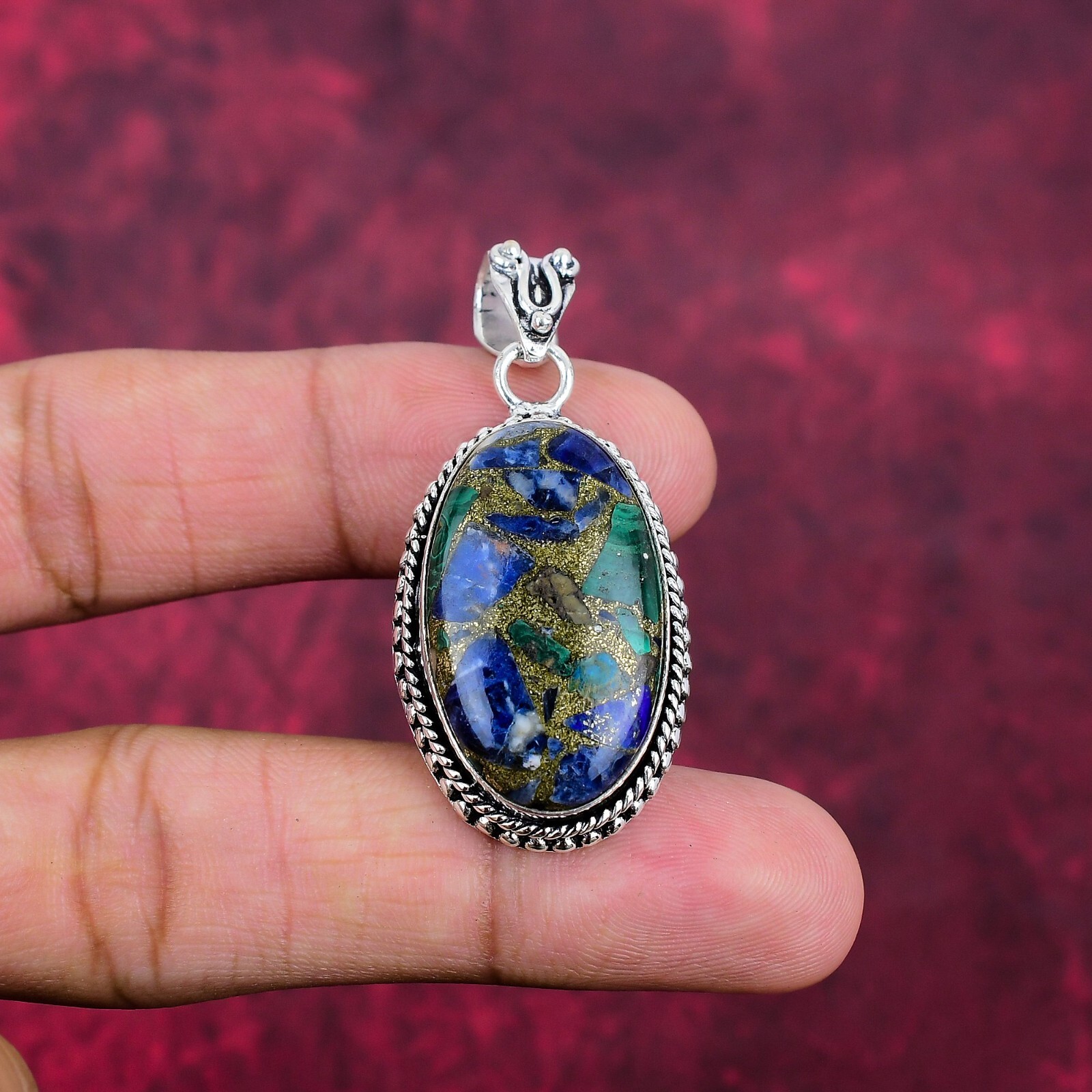 Copper Azurite Malachite Gemstone Handmade 925 Silver Jewelry Designer Pendant