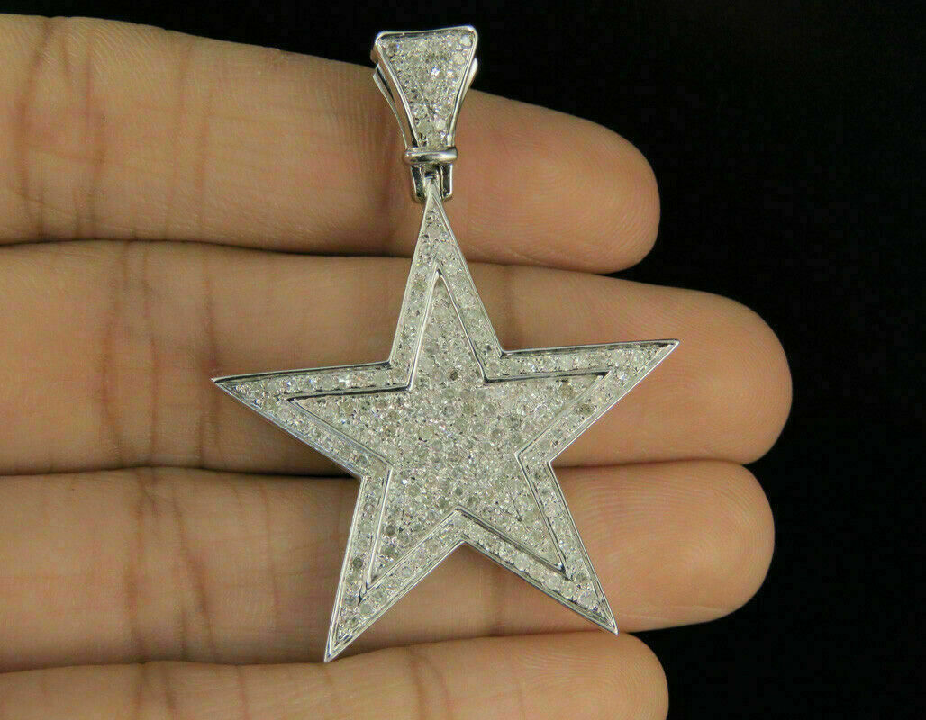 Men’s Real 14K White Gold Over Diamond Star Pendant Charm 1.35 CT 1.75″