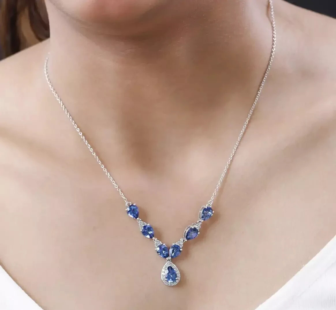 4Ct Pear Lab-Created Sapphire 14K White Gold Plated Women’s Party Wear Necklace