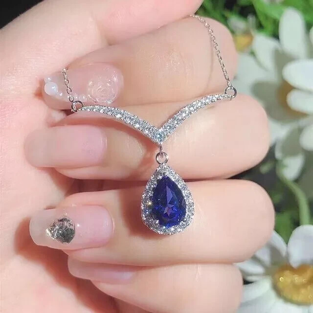 2.2Ct Pear Lab-Created Blue Tanzanite Halo Y-Drop Pendant 14K White Gold Plated
