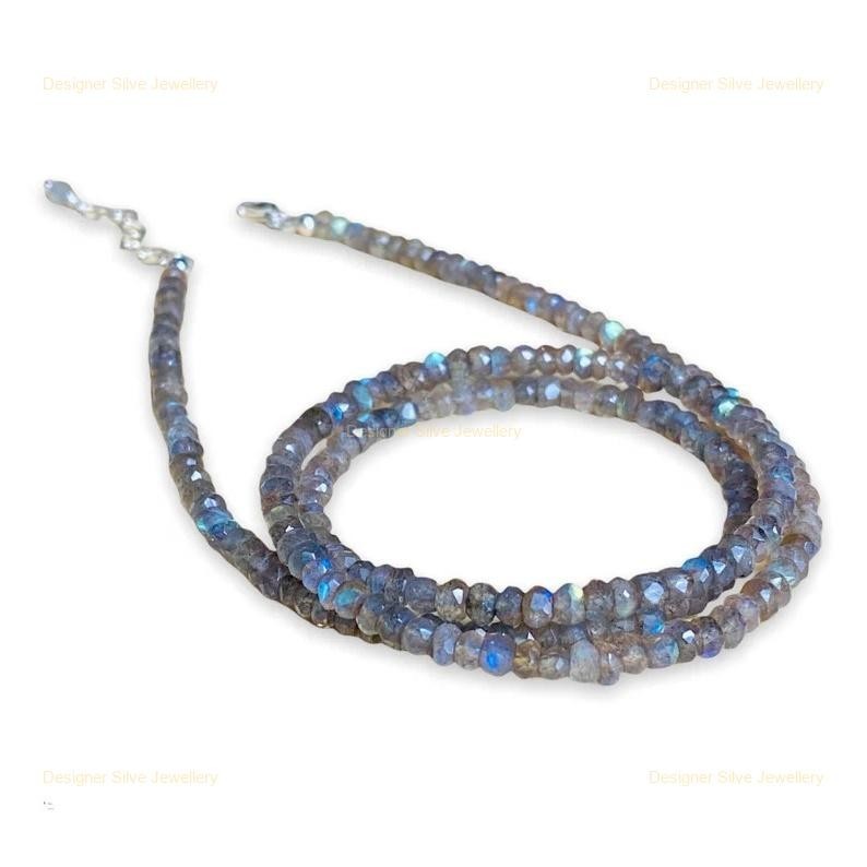New Blue Flashy Sterling Silver Labradorite Gemstone Boho Beaded Necklace Chain