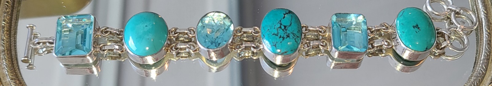 Stunning Sterling Silver Turquoise and Blue Topaz Adjustable Bracelet
