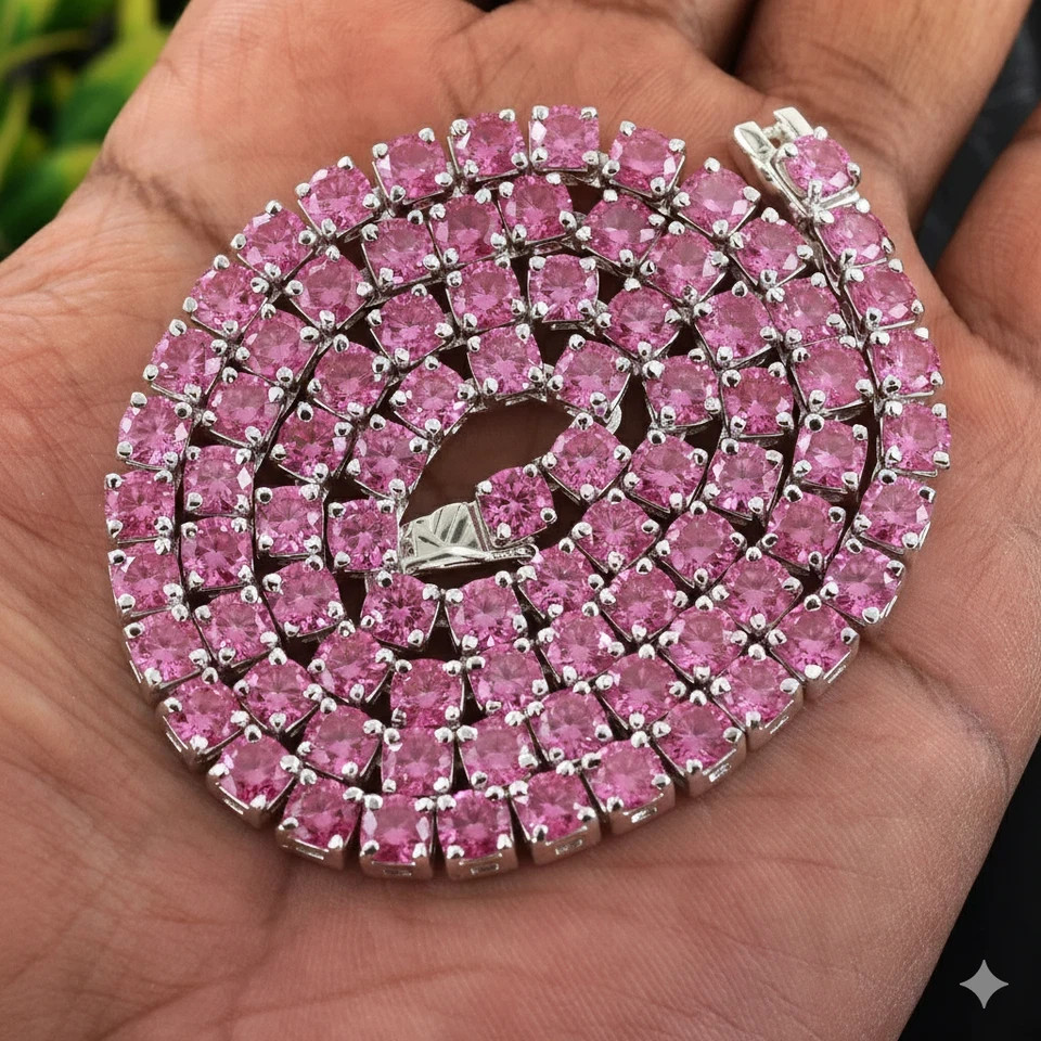 3MM Round Cut Lab Created Pink Ruby Tennis Necklace 14k White Gold Plated