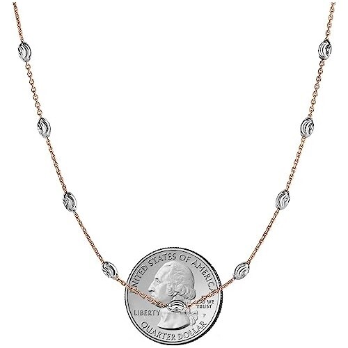 925 Sterling Silver Rose Gold 3MM Diamond Cut Station Oval Moon Bead Necklace