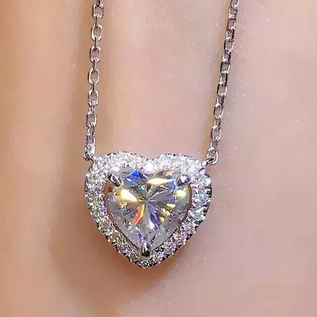White Gold Plated Silver2.00Ct Heart Cut Real Moissanite Halo Pendant Chain 14k