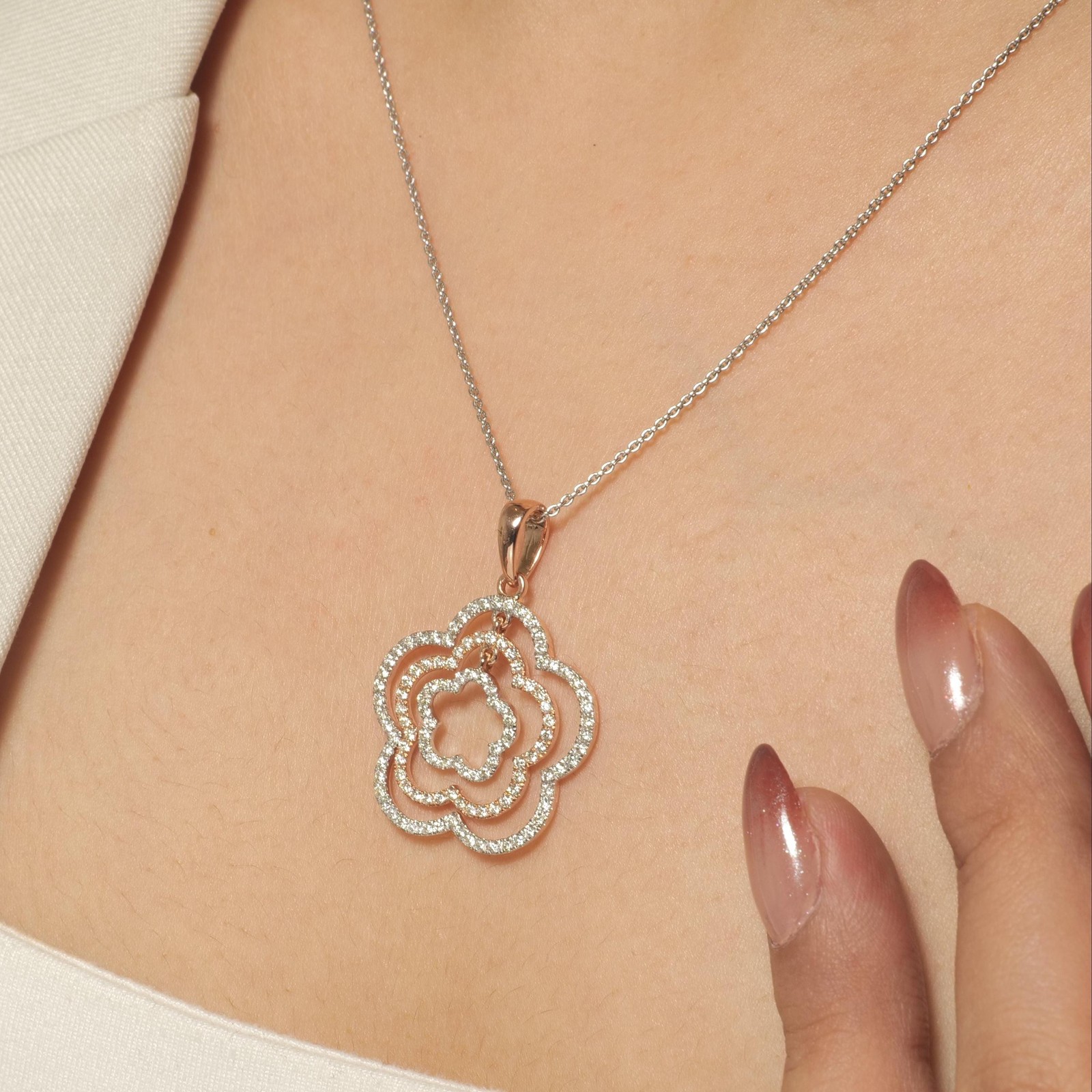 0.90 Natural Diamond Layered Floral Pendant 14K Gold Rose Gold Fine jewelry
