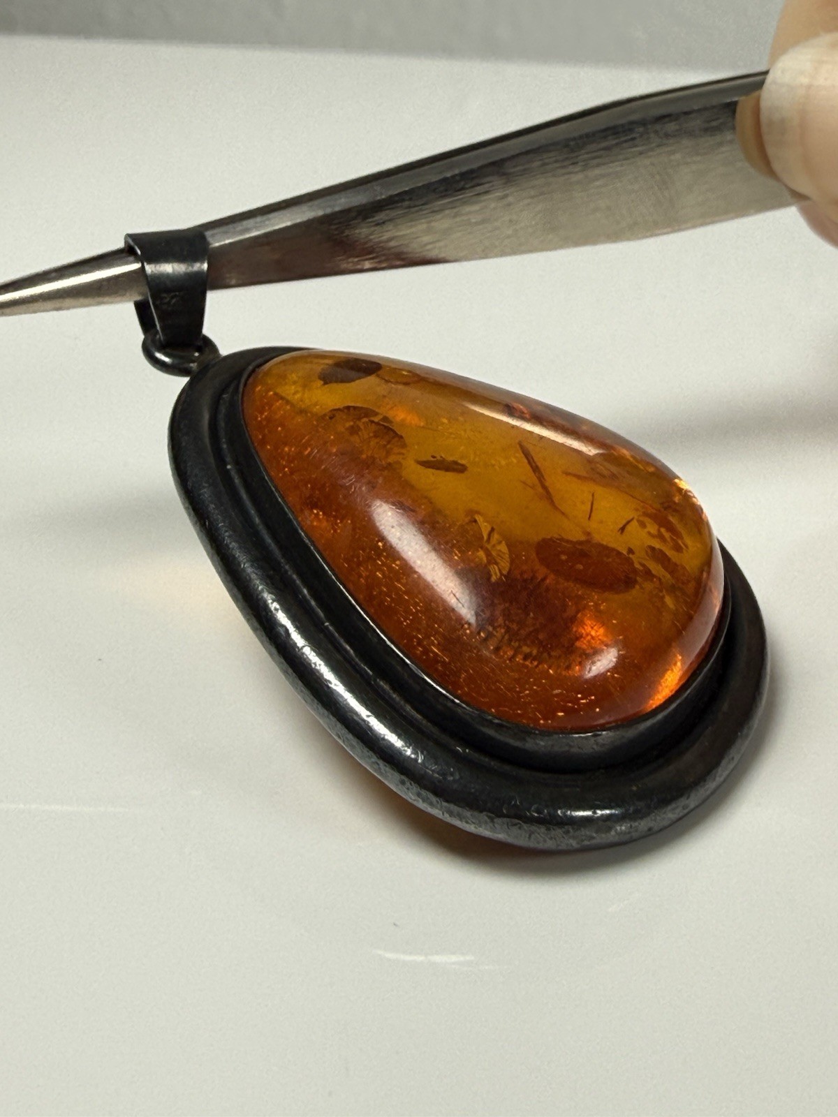 Orange Amber Cabochon Sterling Silver Asymmetrical 2”Pendant 925