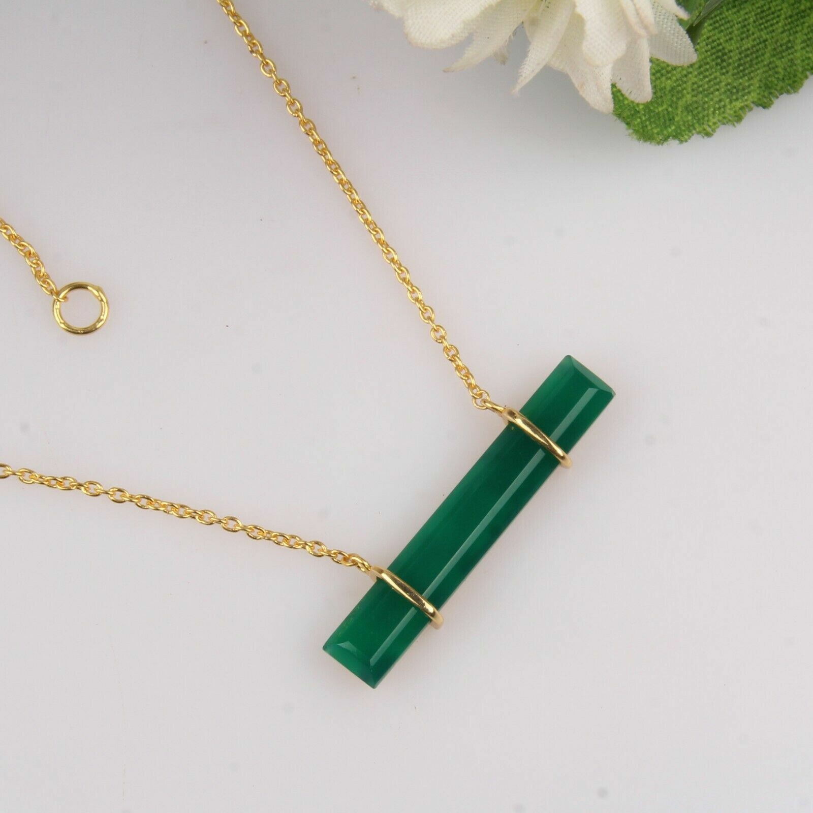Green Onyx Bar Necklace 925 Silver Gold Plated Horizontal Pendant Necklace