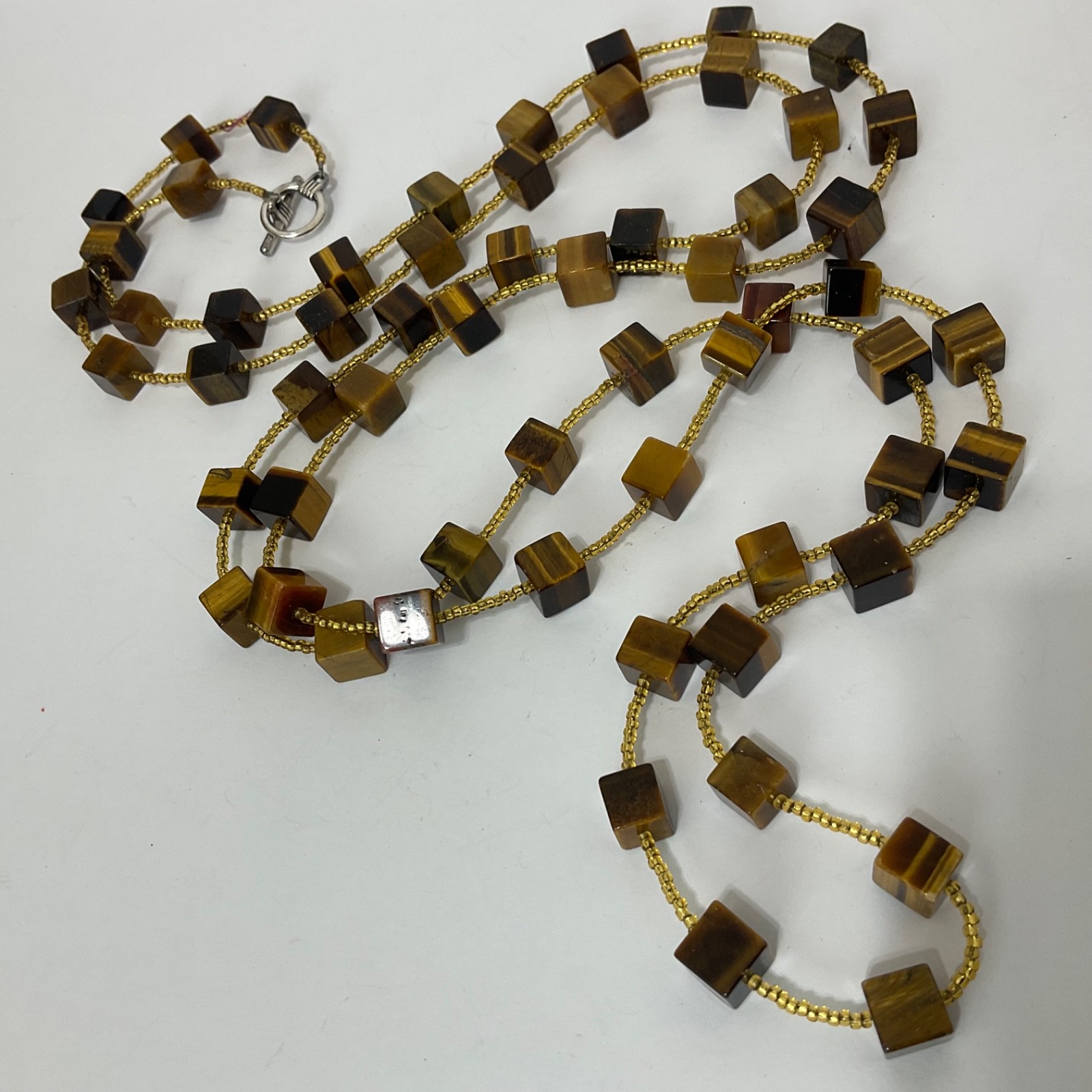 Genuine Tiger’s Eye Cube & Golden Bead Necklace Sterling Silver Toggle 64″ Long
