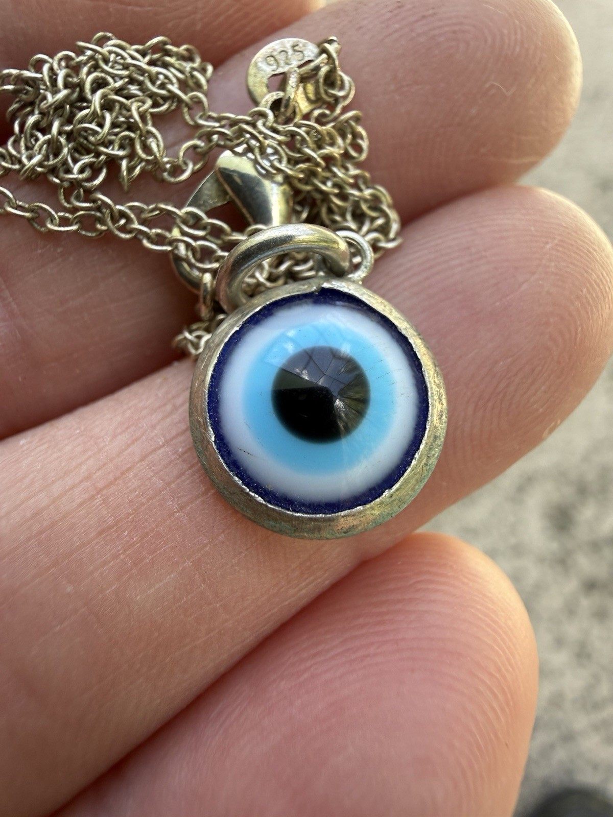 Vintage Sterling Silver 925 Blue Glass Evil Eye Good Luck Pendant & 18” Chain