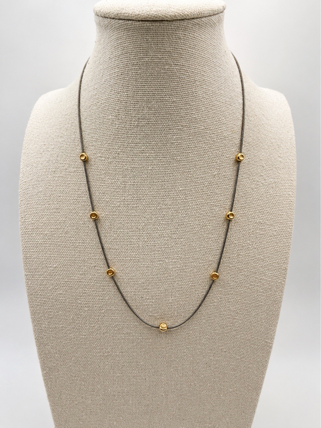 Sterling Silver 2 Tone Station Necklace Gold Vermeil Bead Silver Snake Chain 17″