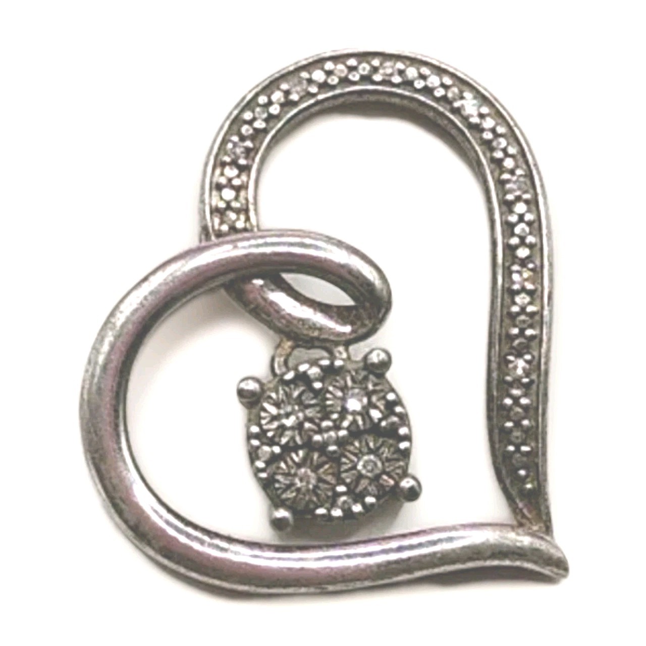 925 Sterling Silver Pave 1/10ctw Diamond Heart Pendant Pre-owned 2.1g