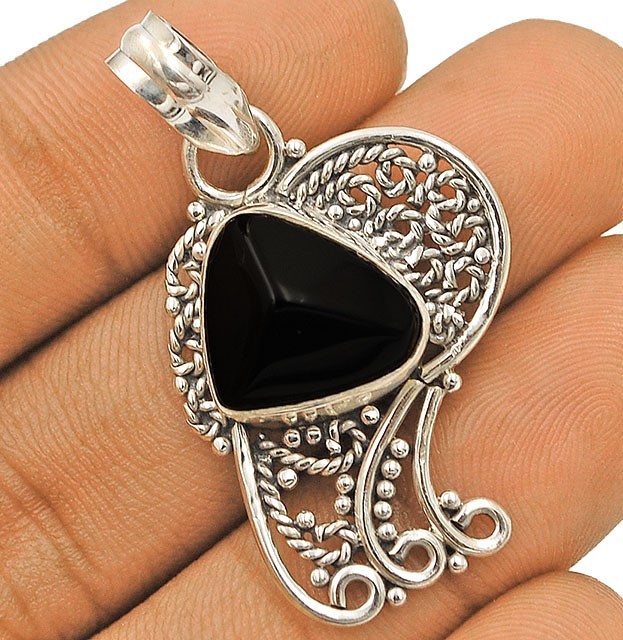 Natural Filigree Black Onyx Brazil 925 Solid Sterling Silver Pendant