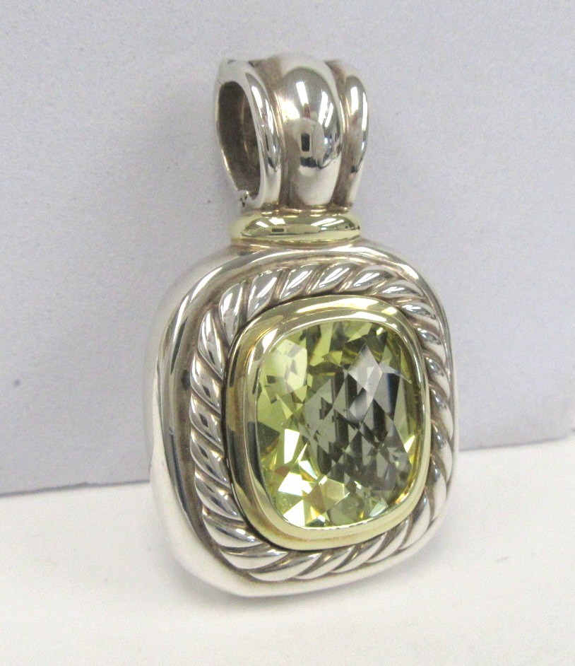 David Yurman Albion Green Quartz Sterling Silver 14K Gold Enhancer Pendant 1.75″