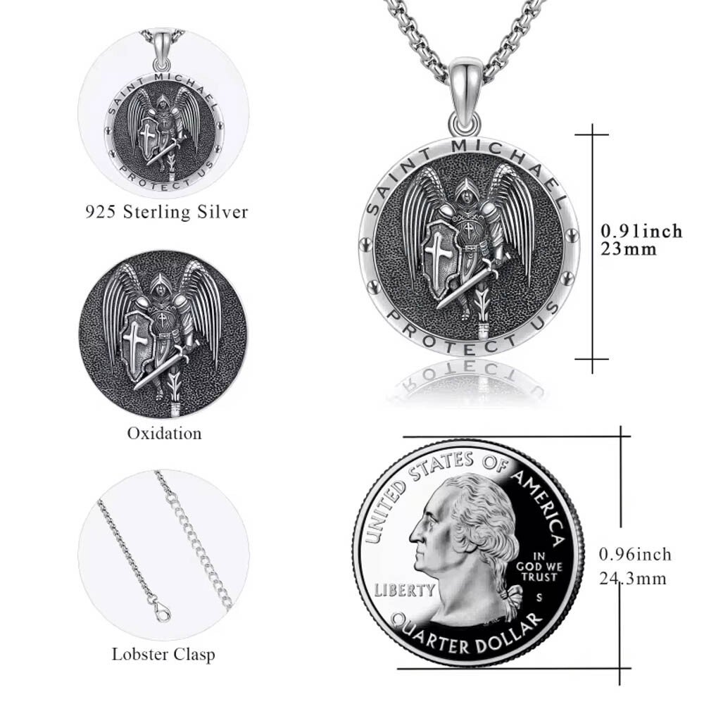 MLD 925 Sterling Silver Saint St Michael Medal Pendant Necklace w/ 22″ Box Chain