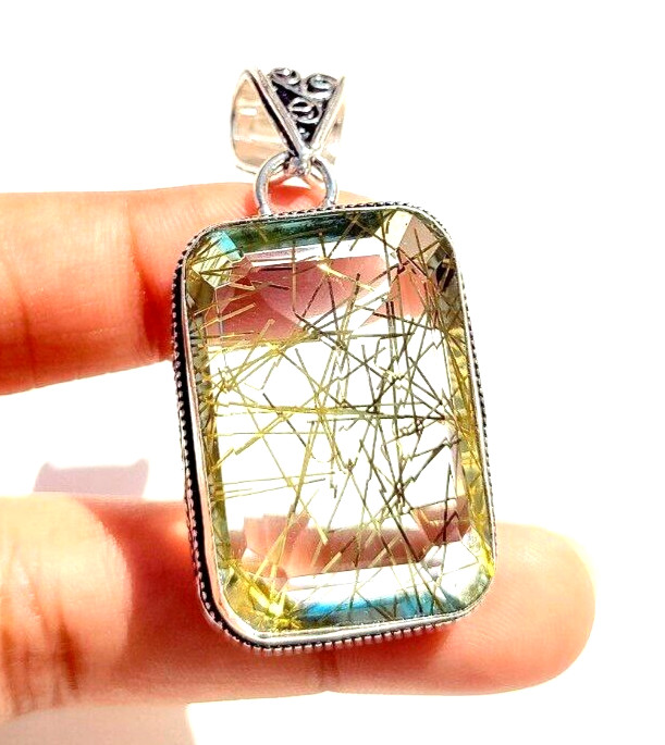 925 Sterling Silver Pendant Handmade Jewelry Golden Rutilated Quartz Gemstone