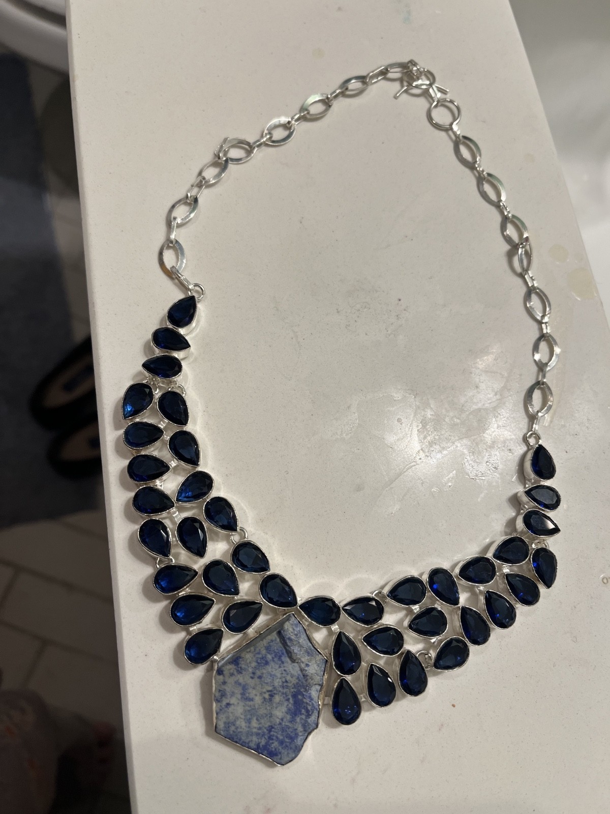 925 Sterling Silver Lapis Lazuli Blue Topaz Bib Statement Necklace Large Teardro