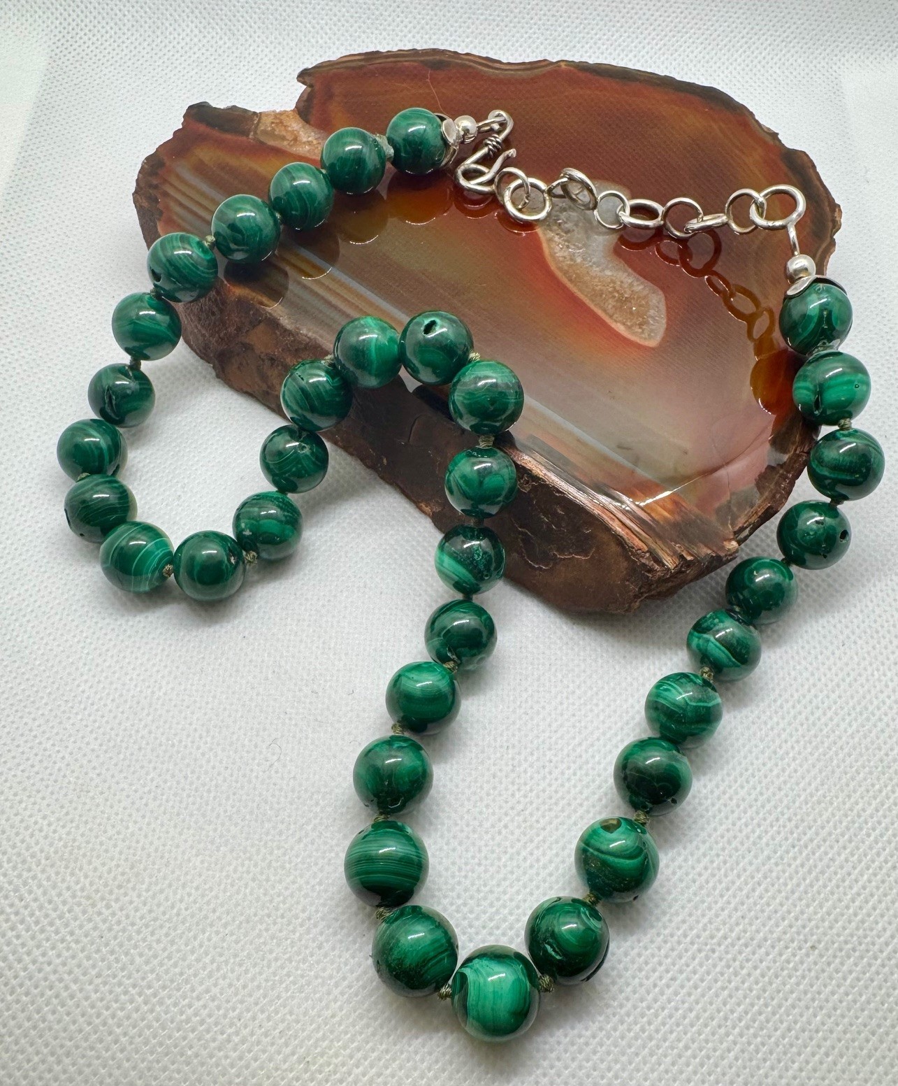925 Sterling Silver 10mm Malachite Bead 18″-21″ Necklace Shepherd’s Hook