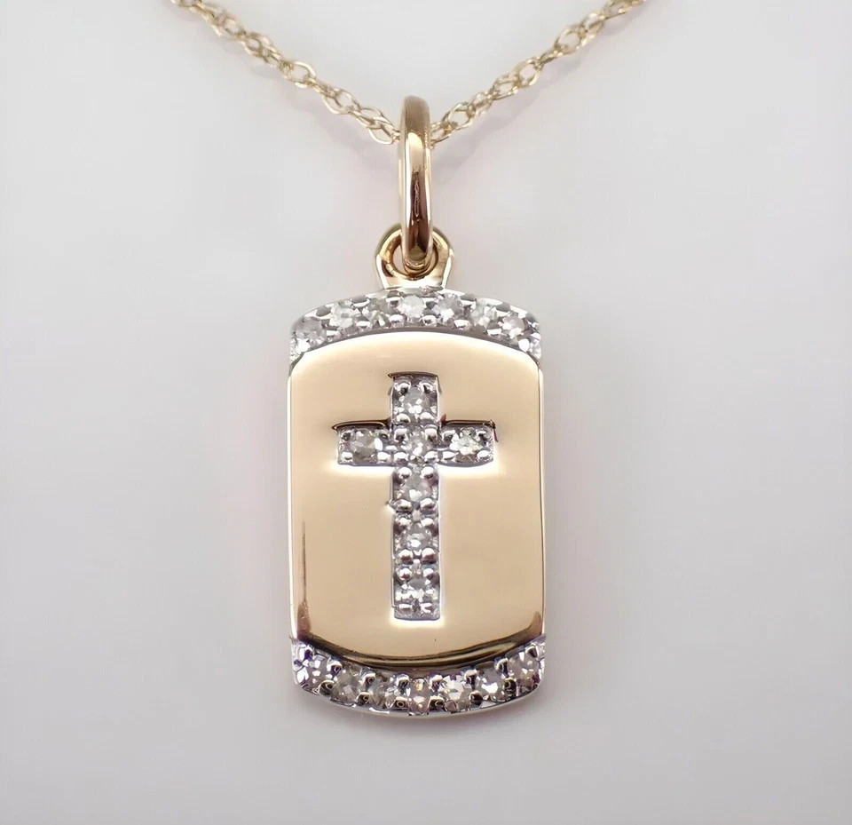 0.10Ct Round Moissanite Cross Religious Dog Tag Pendant 14K Yellow Gold Plated