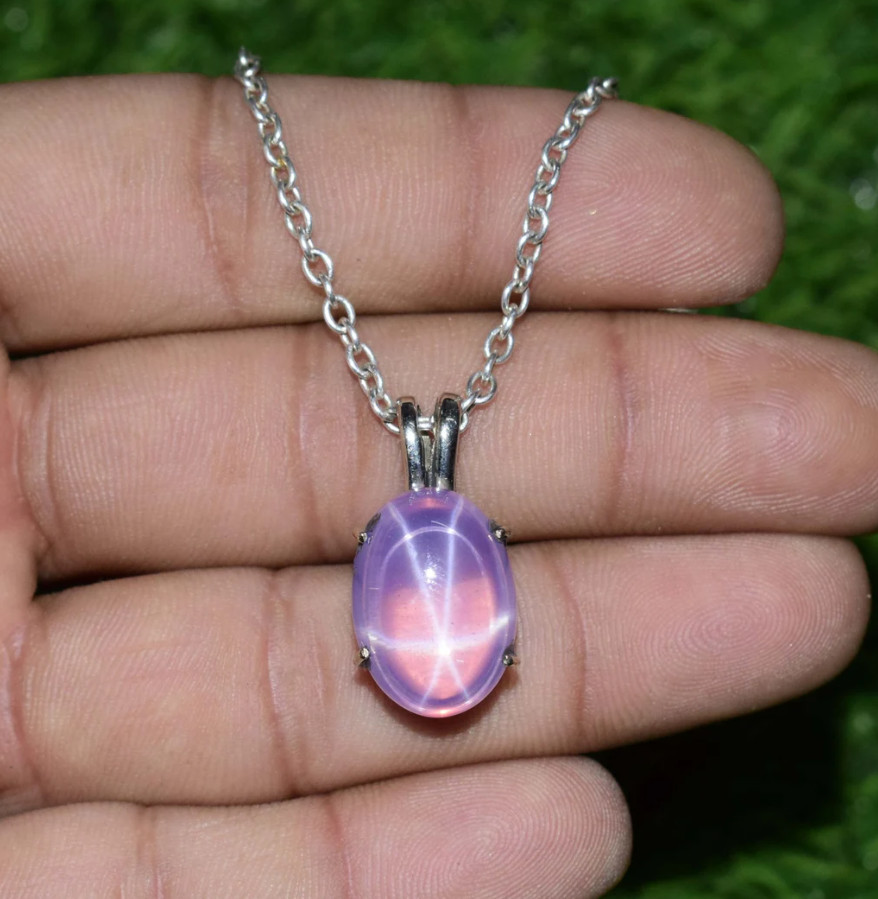 Vintage Genuine Oval Cut Pink Star Sapphire Necklace 925 Silver Sapphire Jewelry
