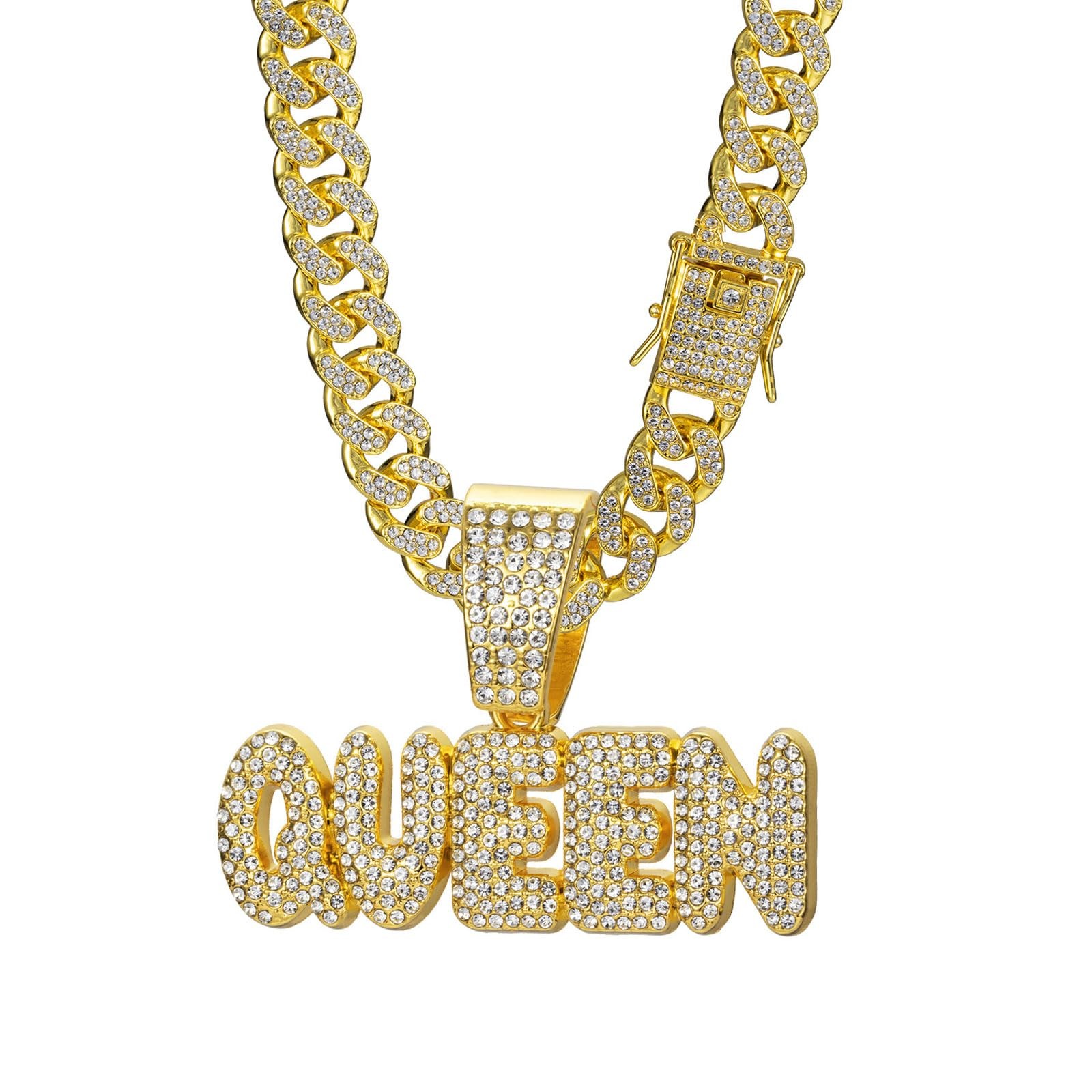Queen Hip-hop Cuban Chain, Rhinestone Pendant Necklace Jewelry For Women，Women’s
