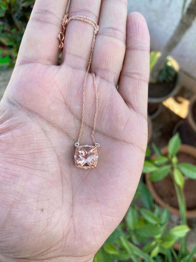 2Ct Cushion Cut Simulated Morganite Women’s Pendant 14K Rose Gold Plated Silver