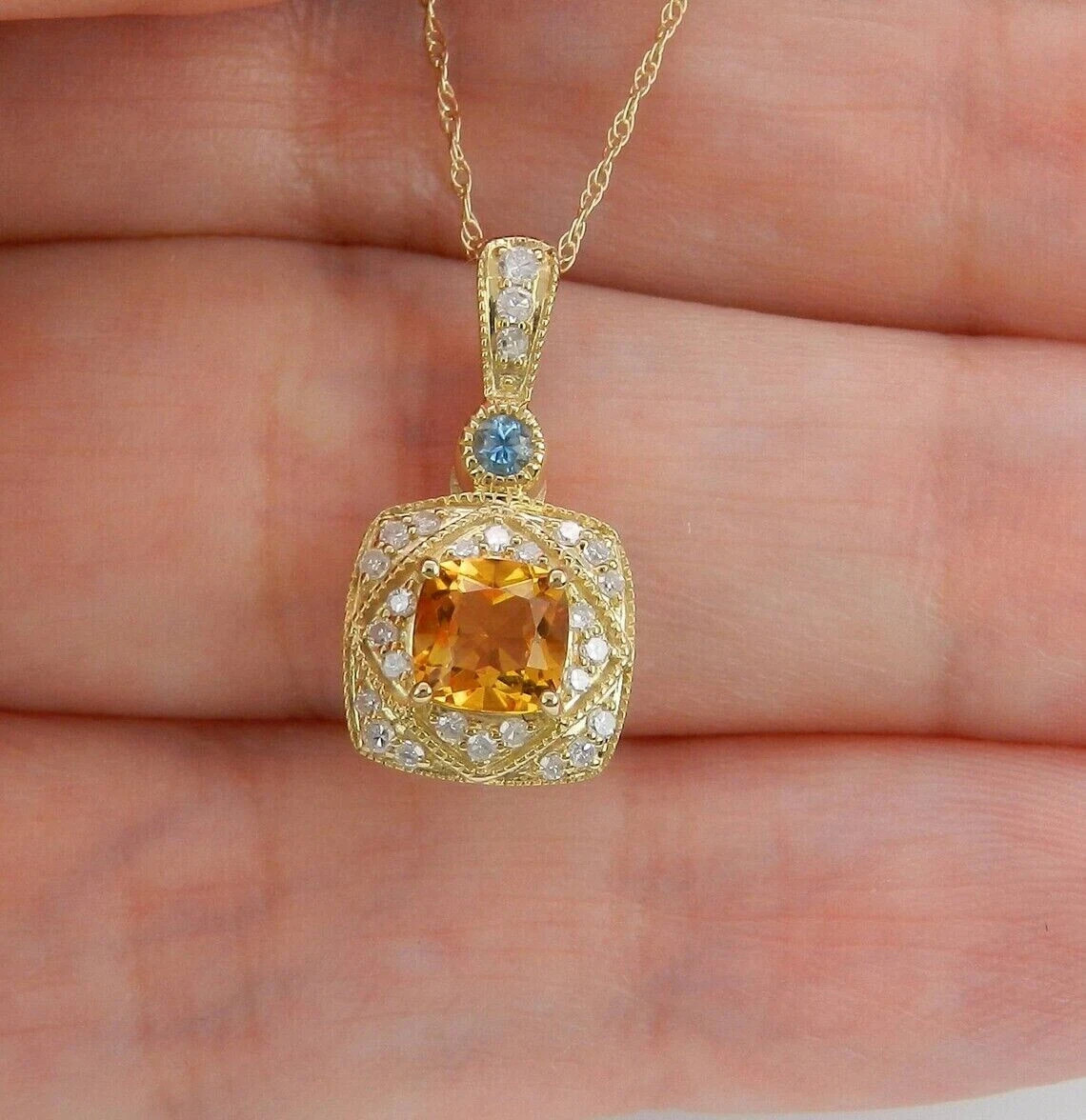 2Ct Cushion Cut Lab-Created Citrine Halo Pendant 14K Yellow Gold Plated 18″ Inc