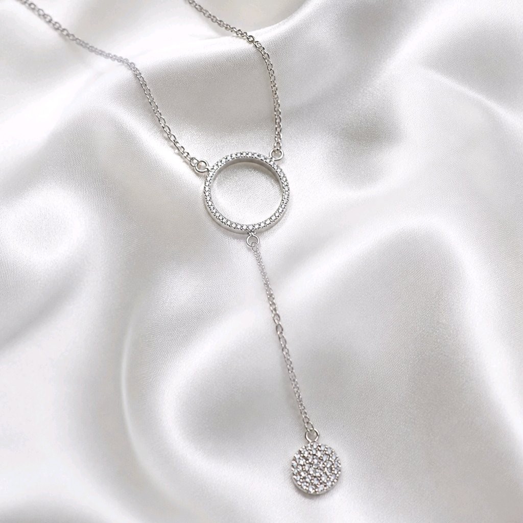 Sterling Silver CZ Circle Drop Necklace 40cm 3cm Extension Sparkling Pendant