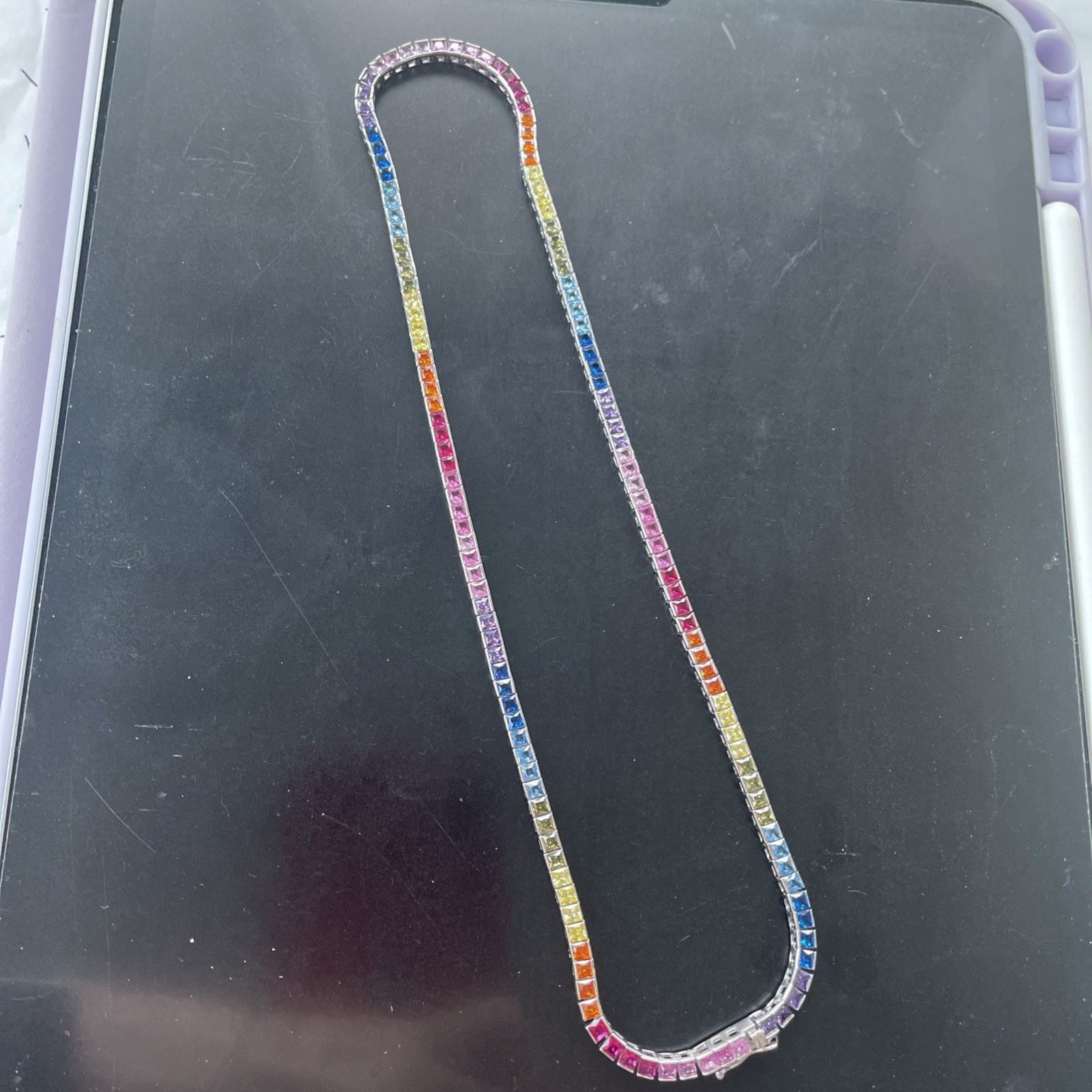 16” Rainbow Tennis Choker 925 Silver #jewlery #tennis #necklace
