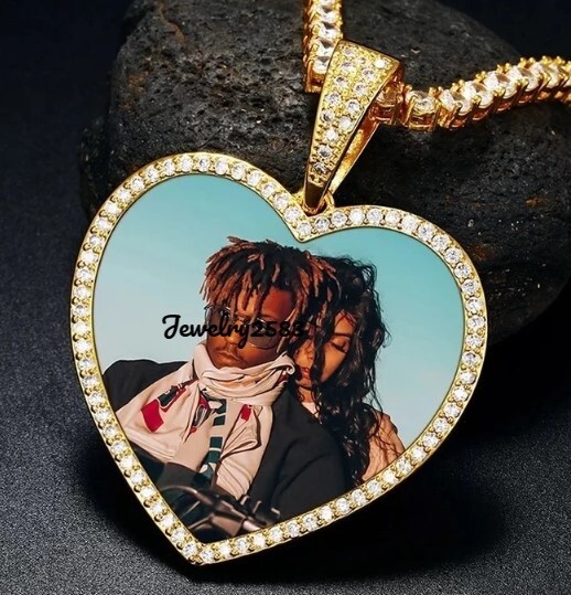 Men’s Personalized White Real Moissanite Heart Shape Photo Pendant FREE GIFT