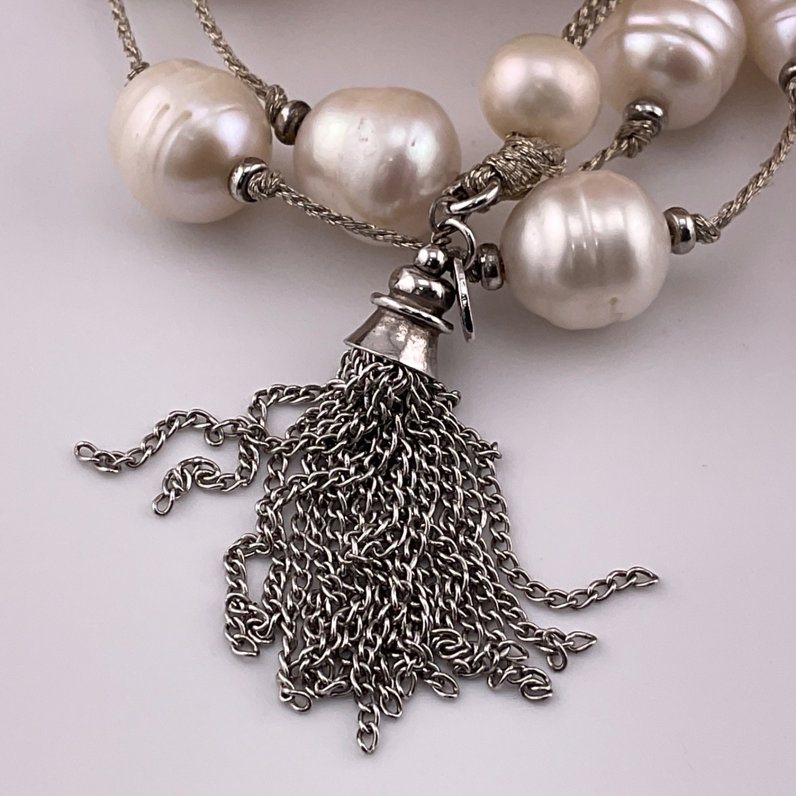 LUC Lucas Lameth Genuine Baroque Pearl Lariat Necklace Sterling Silver Tassel