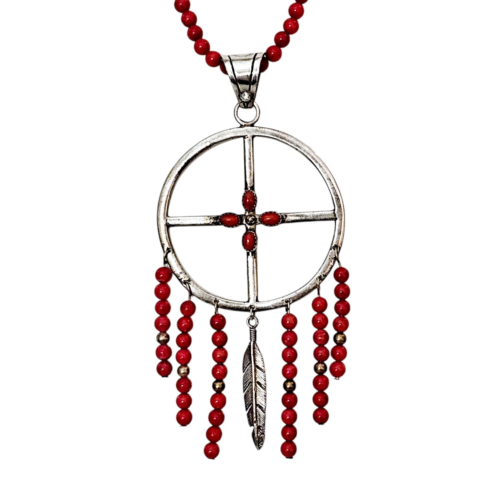SOUTHWEST Necklace Dreamcatcher 925 Sterling Silver Coral Bead Chain Signed B