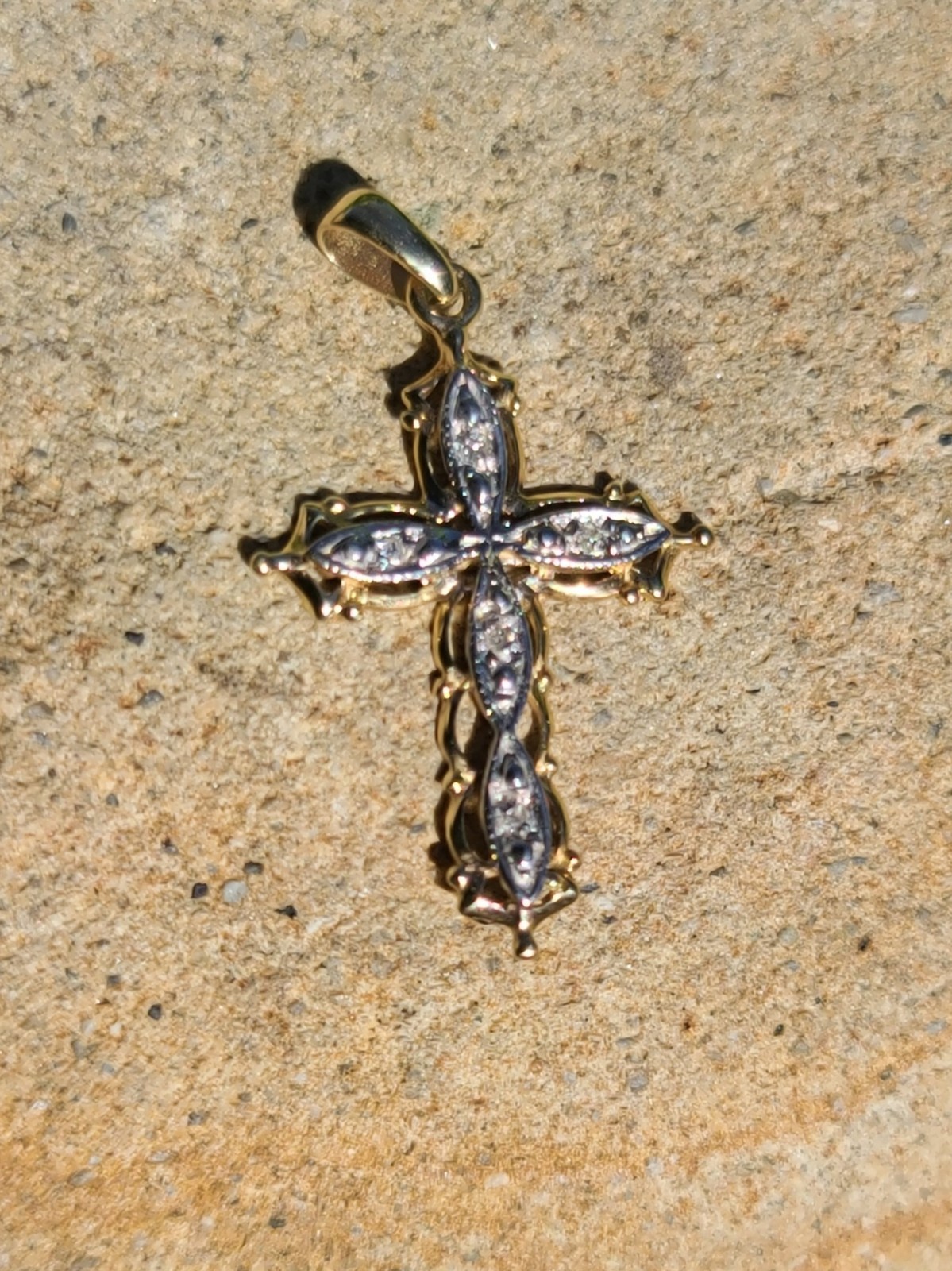 10k Solid Yellow & White Gold Diamond Cross Necklace Pendant 1.22″ Signed .99g