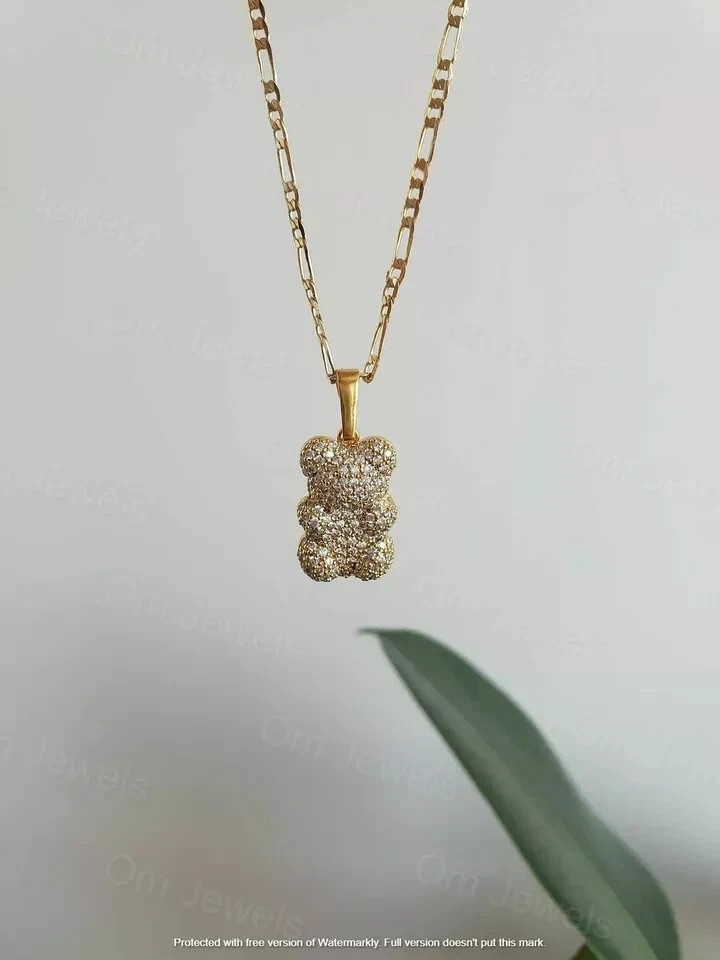 1.45Ct Round Cut VVS1 Diamond Bear Pendant 14K Yellow Gold Finish 18″ Free Chain