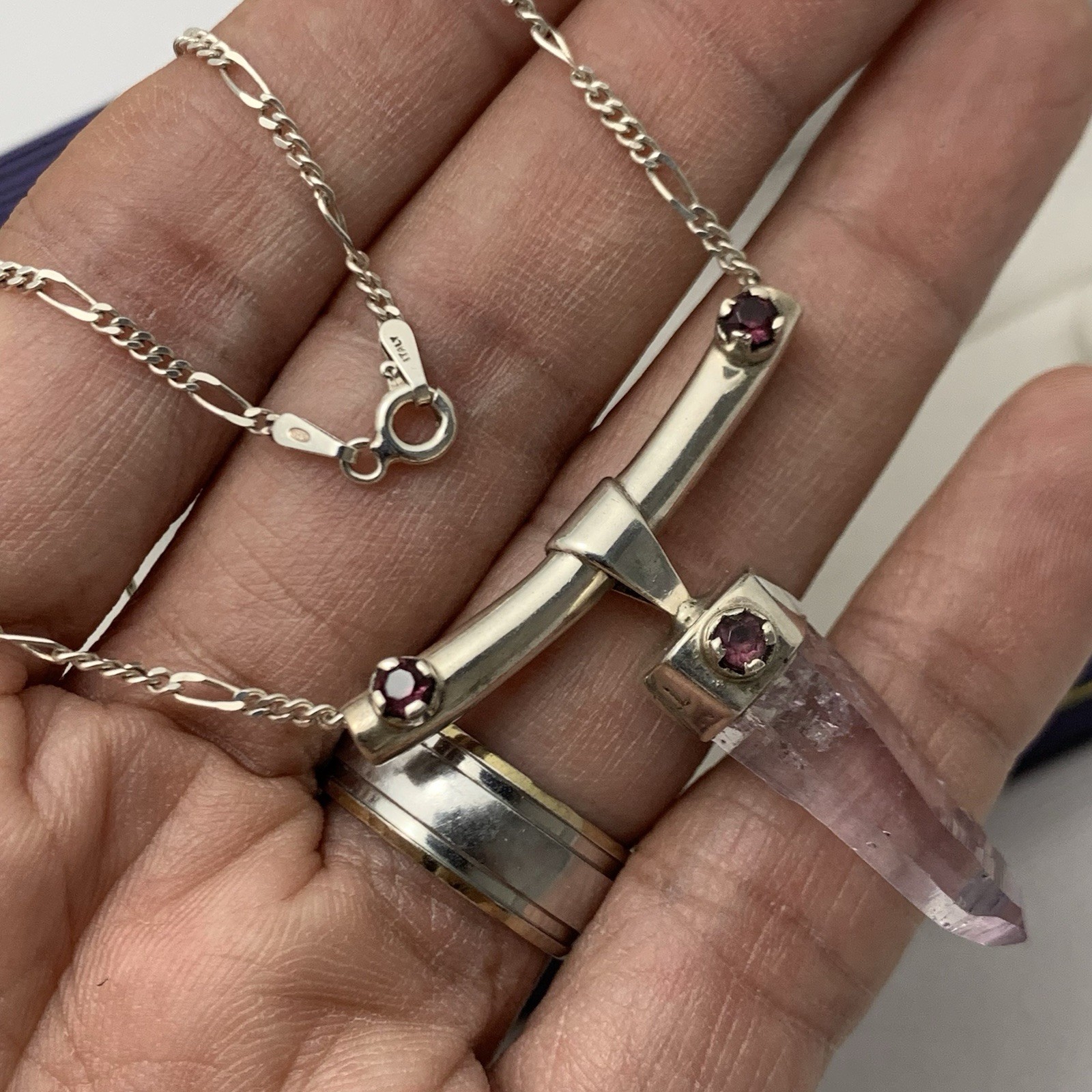 Sterling Silver Amethyst Point Pendant W/ Accent Garnet Necklace
