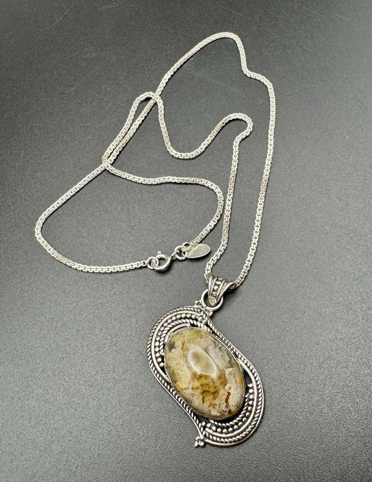 Bezel Set Jasper Cabochon Stone In Detailed Silver With 18in NB India Box Chain