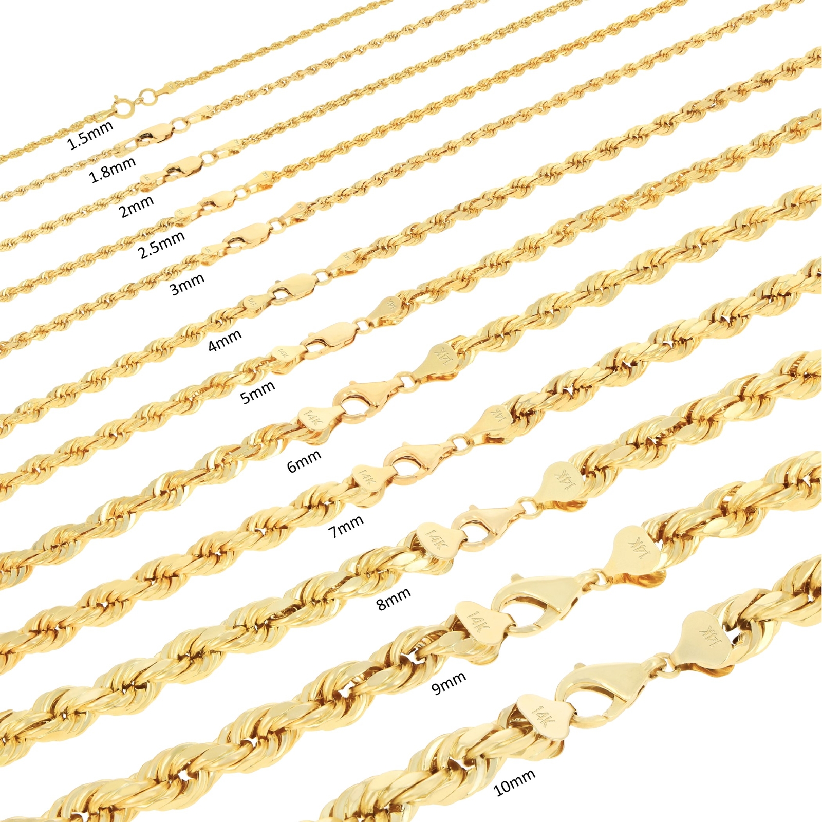 14K Yellow Gold Solid Rope Chain Necklace Bracelet 1mm-10mm Mens Women (7″- 30″)
