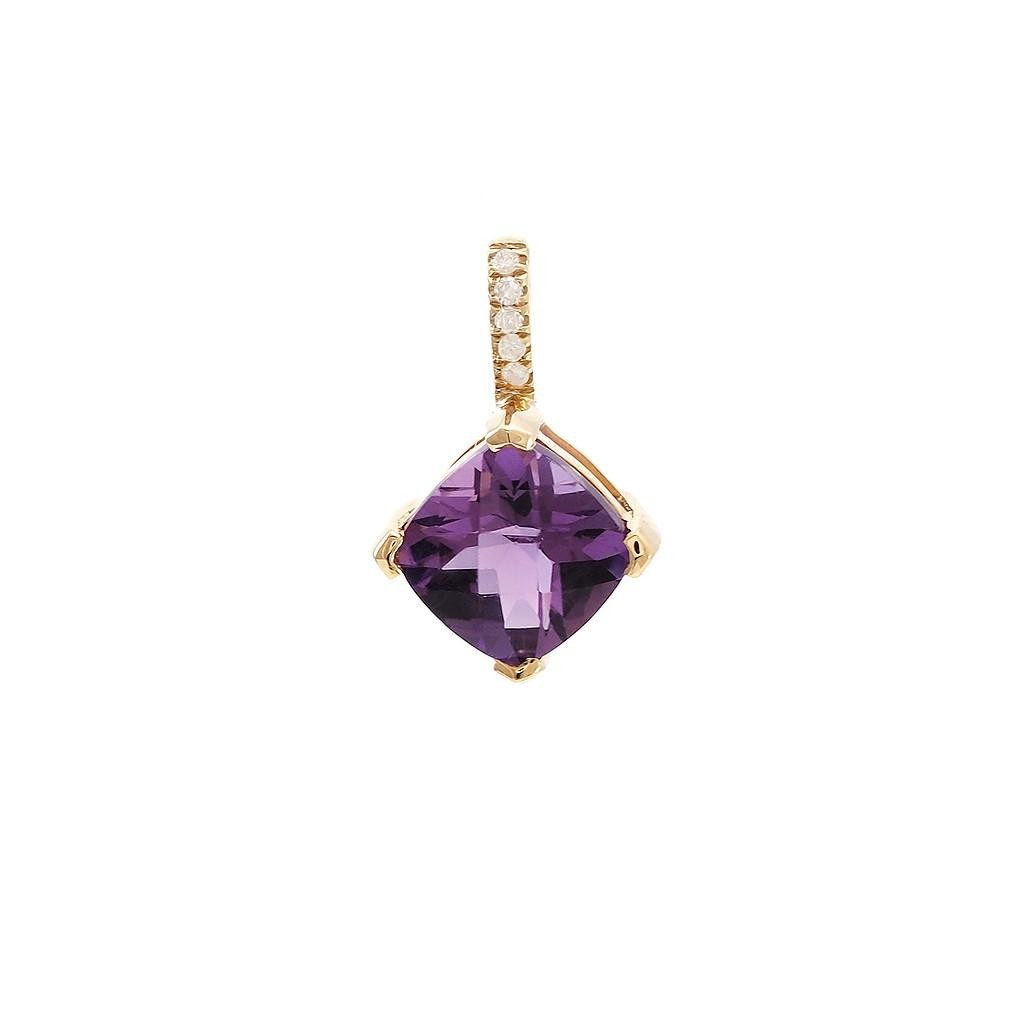 14K Real Yellow Gold Cushion Prong Amethyst Pendant 7 Mm